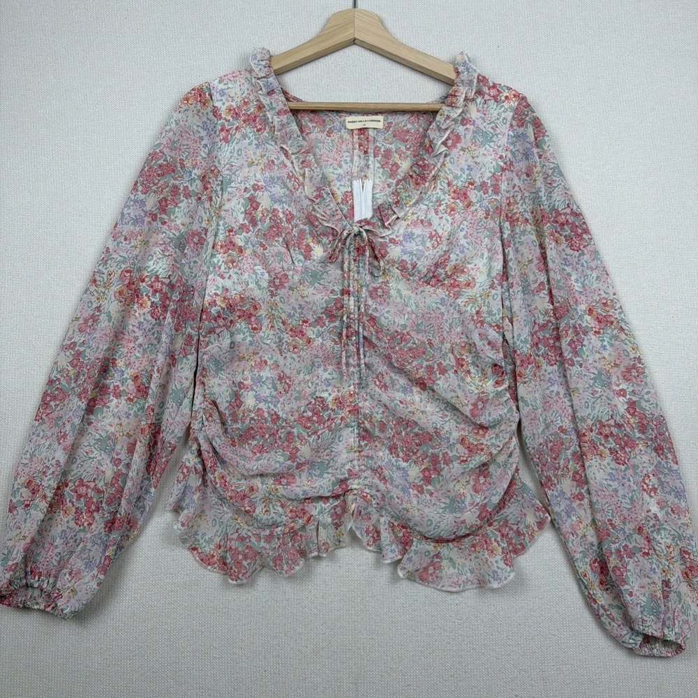 Sassy Hills Fashion Womens Floral Romantic Ruched Blouse Top Size 10 Pink Ruffle
